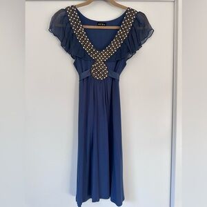 Akiko Blue Dress with Gold and Rhinestone Accents